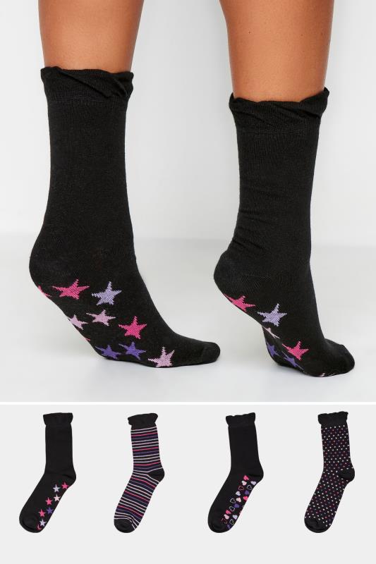 Plus Size  YOURS 4 PACK Black Star & Heart Print Footbed Socks