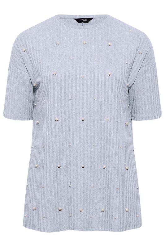 Plus Size Blue Pearl Embellished Split Hem T-Shirt | Yours Clothing 6