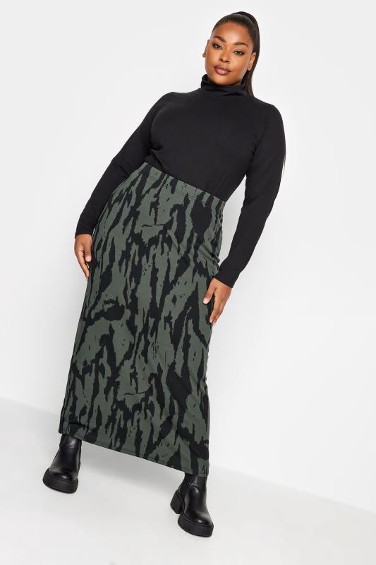 Plus Size  YOURS Curve Khaki Green Animal Print Tube Skirt
