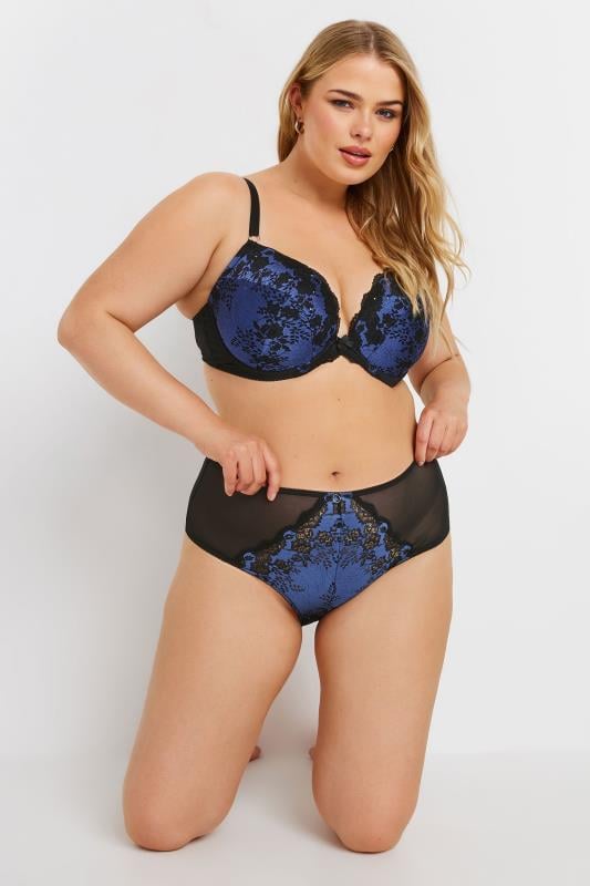 YOURS Plus Size Black & Blue Lace Detail Briefs | Yours Clothing  2