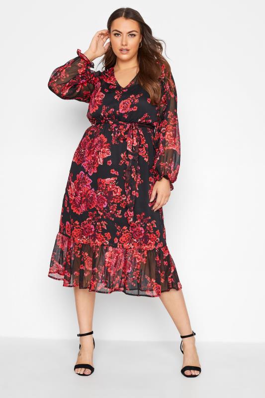  Grande Taille YOURS LONDON Black Floral 2 in 1 Smock Midaxi Dress