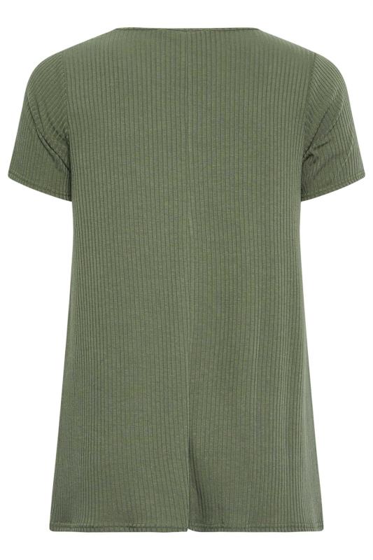 YOURS Curve Plus Size Khaki Green Ribbed Swing T-Shirt | Yours Clothing