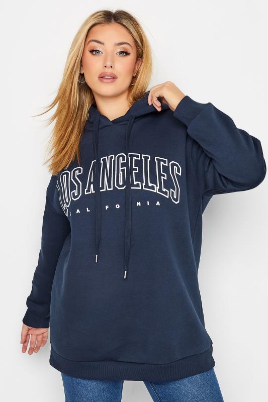 Plus Size Navy Blue 'Los Angeles' Slogan Hoodie | Yours Clothing 1