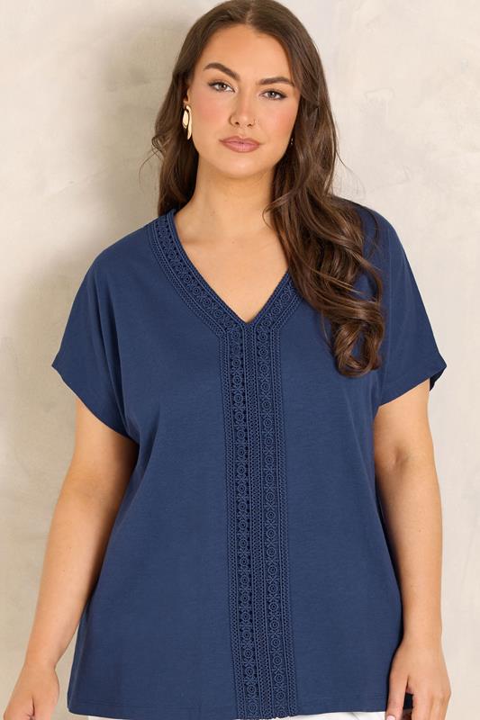  EVANS Curve Navy Blue Cotton Crochet Trim Tee