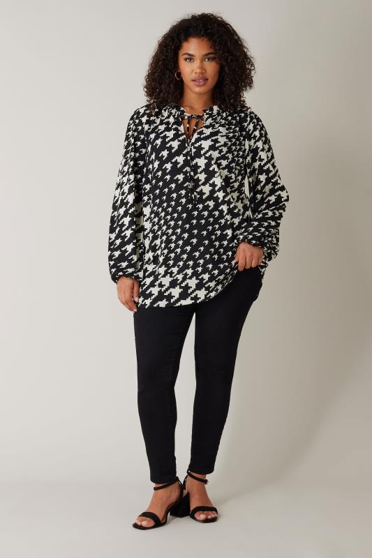 EVANS Plus Size Black Dogtooth Print Tie Neck Blouse | Evans 2