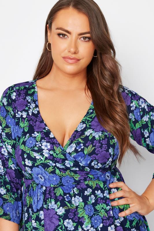 LIMITED COLLECTION Curve Blue Floral Ruched Sleeve Wrap Dress 4