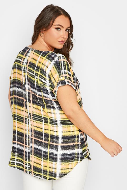 YOURS Plus Size Yellow Check Print Tab Sleeve Blouse | Yours Clothing 3