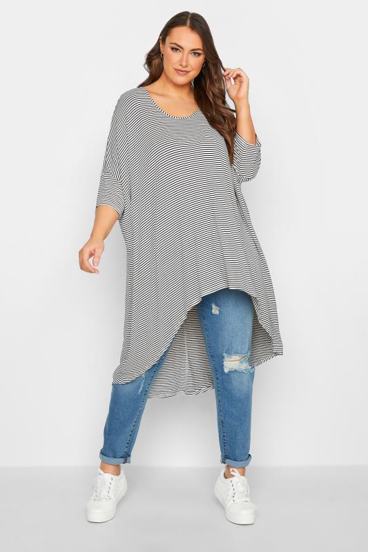 YOURS Plus Size Blue & White Stripe Dipped Hem Tunic Top | Yours Clothing 2