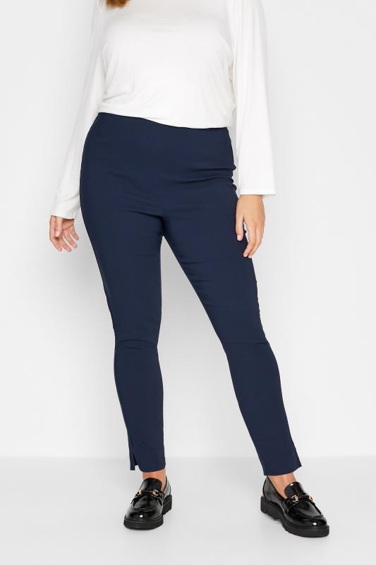 Plus Size Navy Blue Stretch Bengaline Slim Leg Trousers | Yours Clothing 1