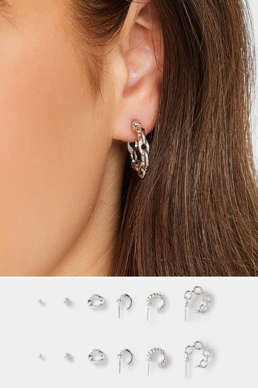 6 PACK Silver Stud & Hoop Earrings Set | Yours Clothing  1