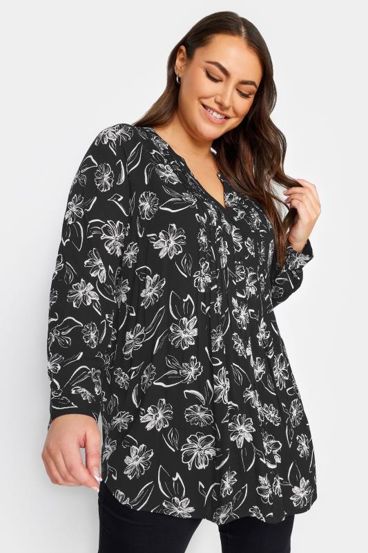 YOURS Plus Size Black Pintuck Floral Print Shirt | Yours Clothing 1