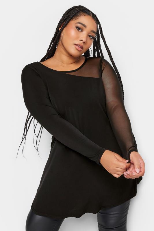 YOURS Plus Size Black Mesh Sleeve Pleated Swing Top | Yours Clothing