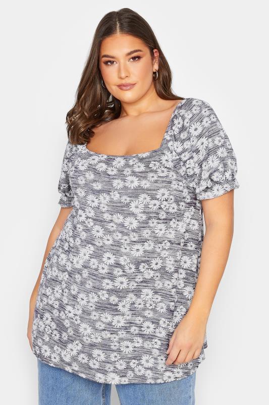 Plus Size  YOURS Curve Grey Marl Ditsy Floral Top