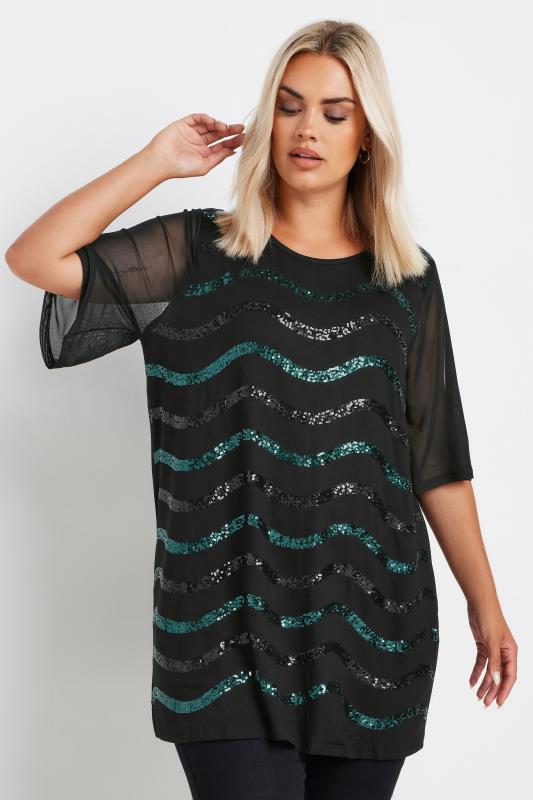 Plus Size  YOURS Curve Black & Blue Sequin Embellished Mesh Sleeve Top