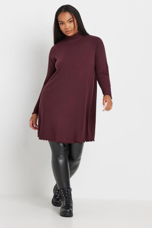 YOURS Curve Burgundy Red Lettuce Edge Tunic Dress | Yours Clothing 4