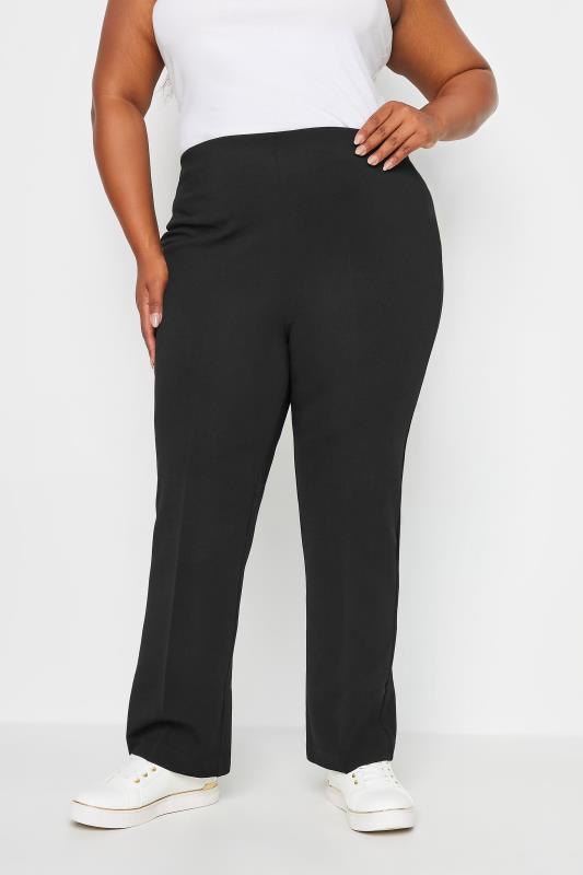 Plus Size Black Pull On Ribbed Bootcut Stretch Trousers  | Yours Clothing 1