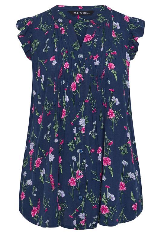YOURS Plus Size Navy Blue Floral Sleeveless Pintuck Top | Yours Clothing 5