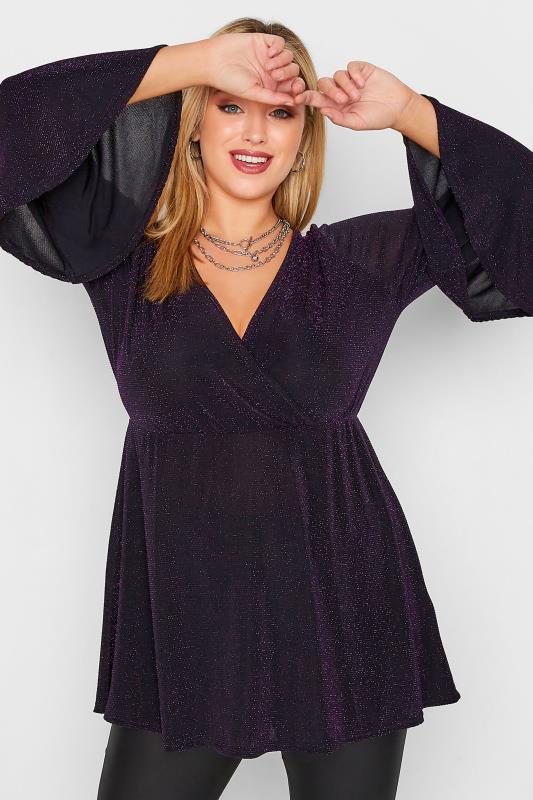 LIMITED COLLECTION Plus Size Purple Glitter Wrap Top | Yours Clothing  1