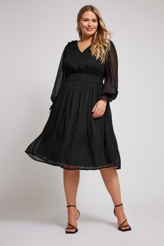 YOURS LONDON Plus Size Black Dobby Midi Dress | Yours Clothing 2