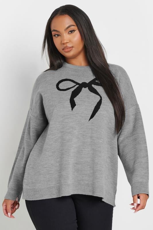 YOURS Plus Size Grey Bow Knitted Jumper | Yours Clothing 1