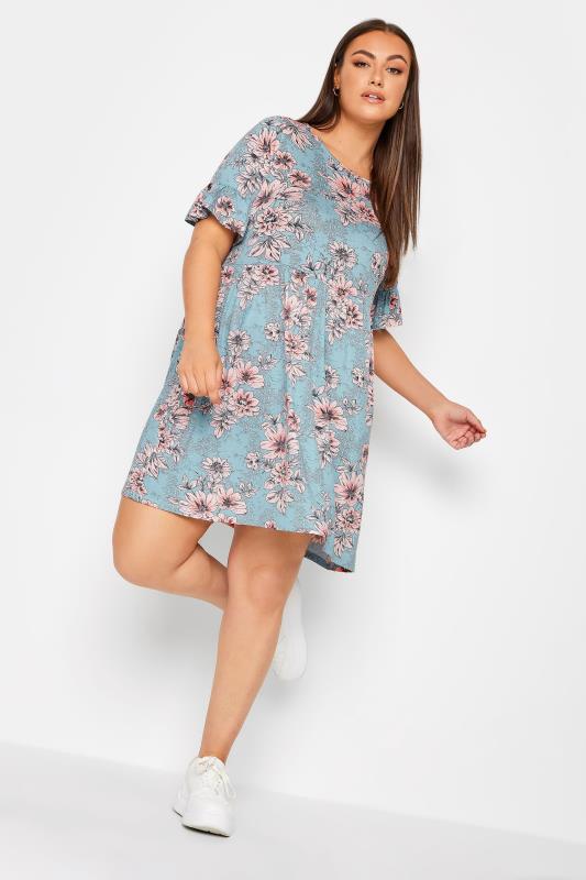 YOURS Plus Size Blue Floral Print Smock Tunic Dress | Yours Clothing 2