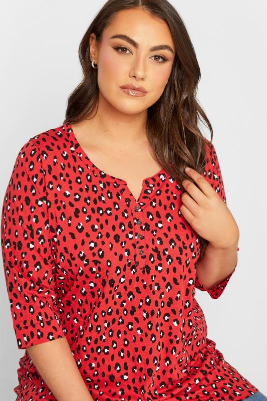 YOURS Plus Size Red Leopard Print Henley T-Shirt | Yours Clothing 4