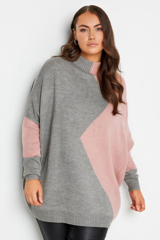 Plus Size  YOURS Curve Grey & Pink Colourblock Knitted Jumper
