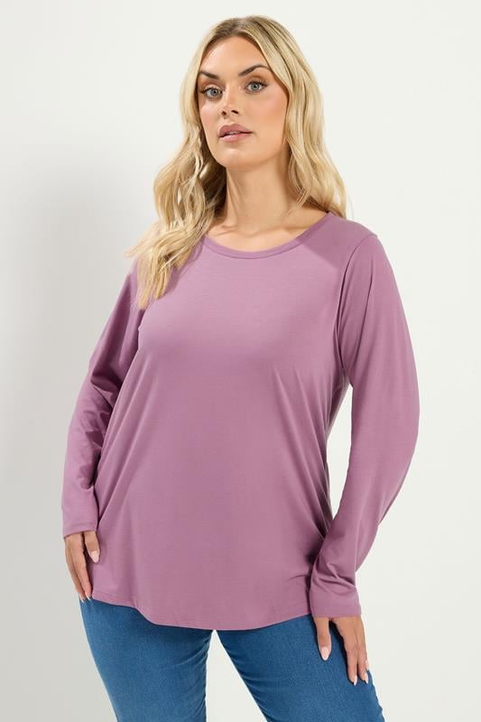 YOURS Plus Size Light Purple Long Sleeve Core T-Shirt | Yours Clothing 1