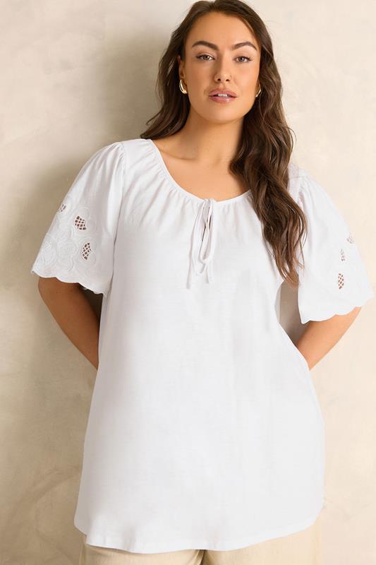 EVANS Plus Size White Broderie Sleeve Tie Neck Blouse | Evans 1