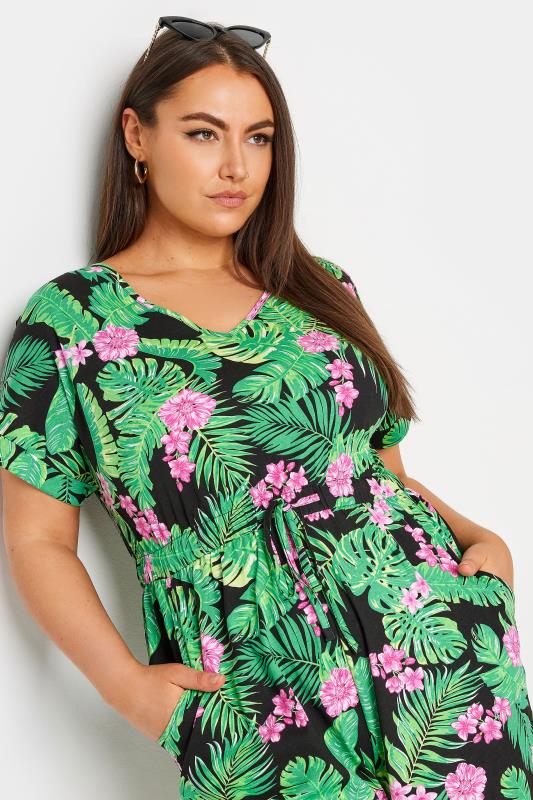 YOURS Plus Size Black Tropical Print Drawstring Playsuit | Yours Clothing 5