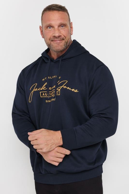 JACK & JONES Big & Tall Navy Blue Logo Hoodie | BadRhino 1