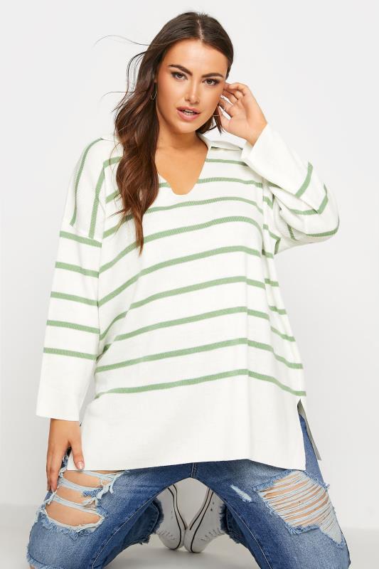 Plus Size Curve White & Green Stripe Collared Jumper | Yours Clothing 1