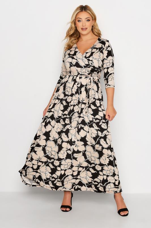 Plus Size Black & Beige Brown Floral V-Neck Maxi Dress | Yours Clothing 2