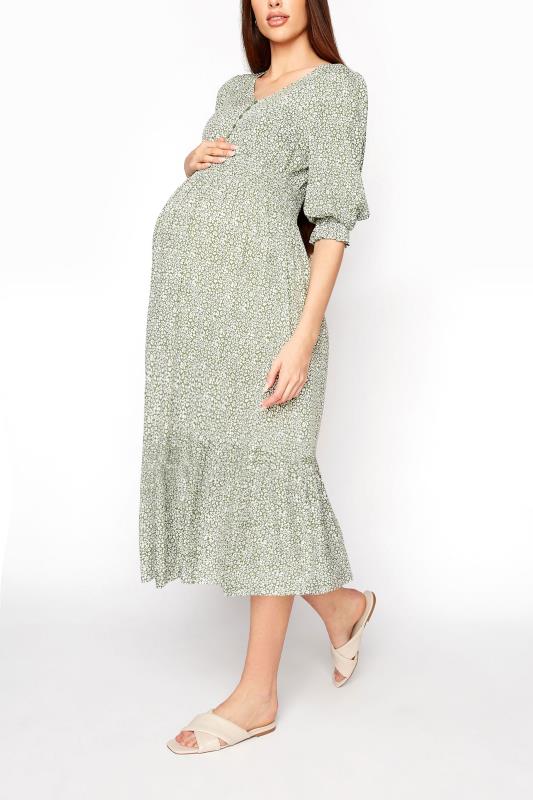LTS Tall Maternity Sage Green Ditsy V-Neck Button Tiered Midi Dress_A.jpg