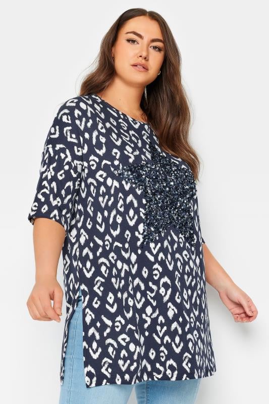 YOURS Plus Size Blue Star Sequin Embellished Top | Yours Clothing 1