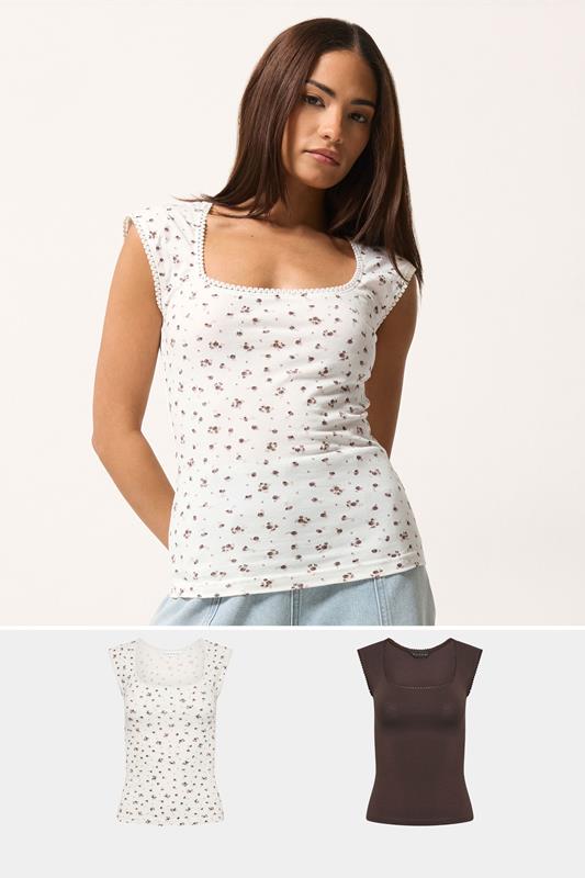  PixieGirl Petite 2 PACK Chocolate Brown & White Spot Cotton Vest Top