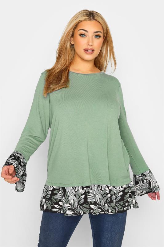 Plus Size Green Floral Print Panel Top | Yours Clothing  1
