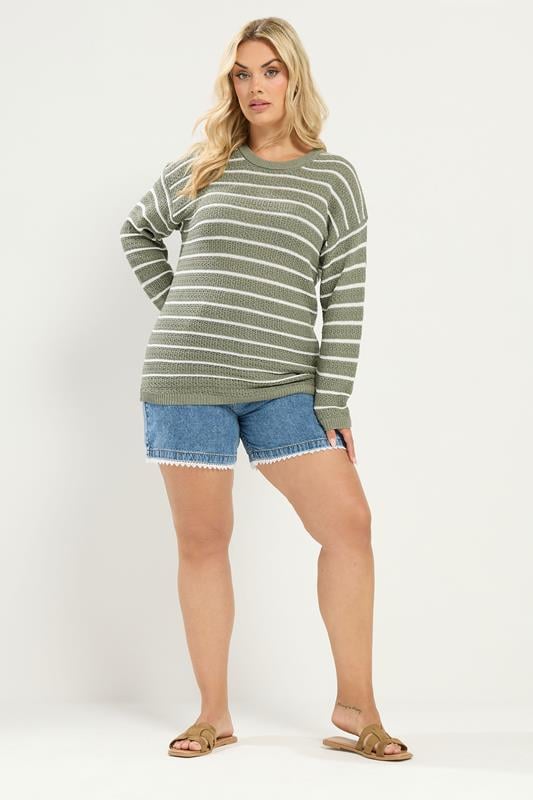 YOURS Plus Size Green Stripe Knitted Jumper | Yours Clothing 1