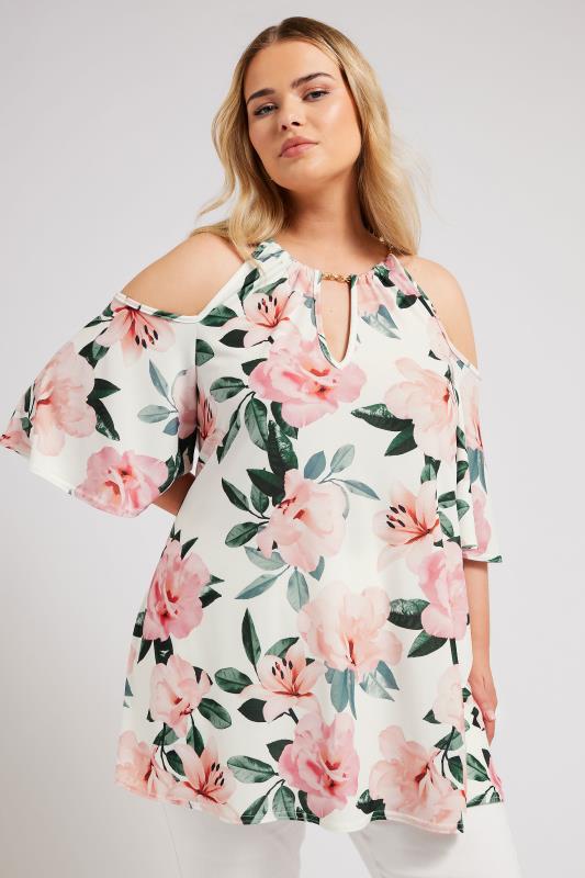 YOURS LONDON Plus Size White Floral Print Chain Cold Shoulder Top | Yours Clothing 2