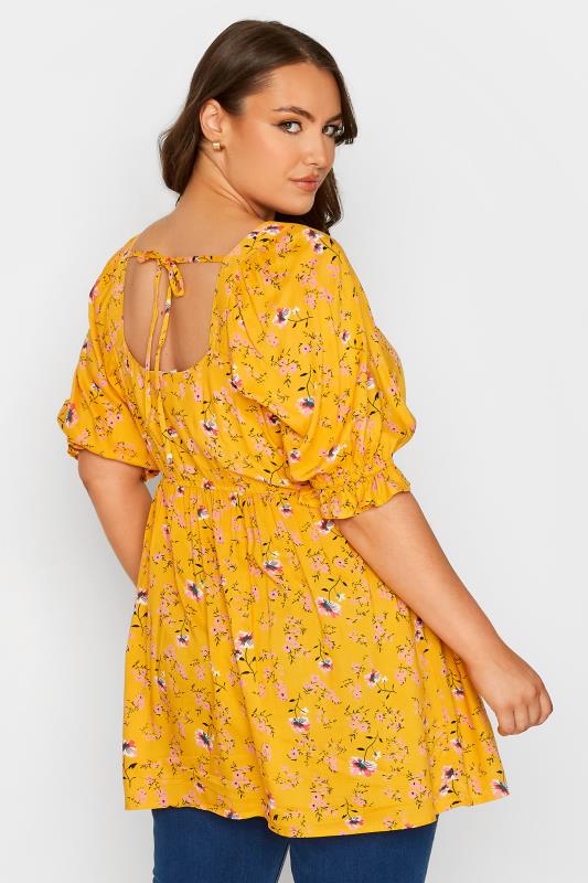 Plus Size Mustard Yellow Floral Print Sweetheart Puff Sleeve Top | Yours Clothing 3
