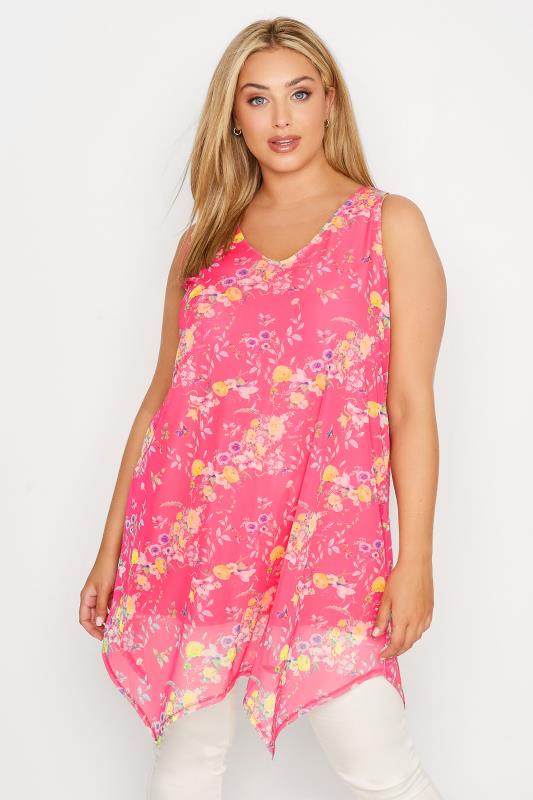 Plus Size Pink Floral Hanky Hem Double Layer Vest Top | Yours Clothing 1