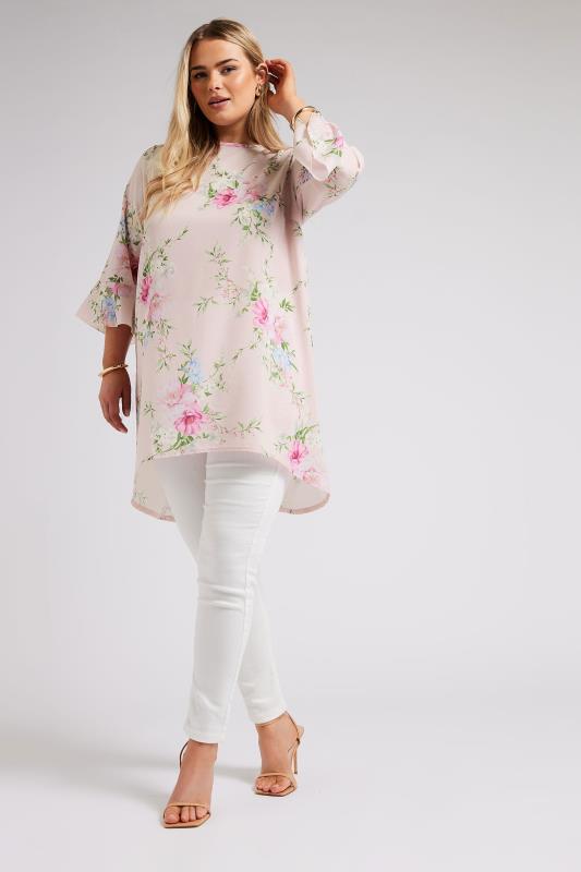 YOURS LONDON Plus Size Pink Floral Flute Sleeve Tunic | Yours Clothing 3