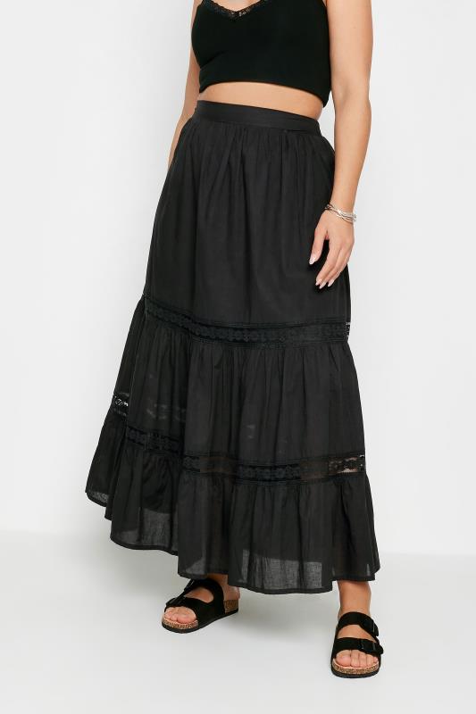 YOURS Plus Size Black Tiered Lace Cotton Maxi Skirt | Yours Clothing 2