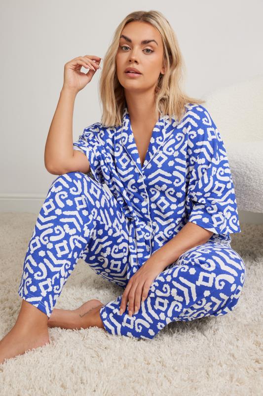 YOURS Plus Size Blue Ikat Print Button Through Pyjama Set | Your Clothing 1