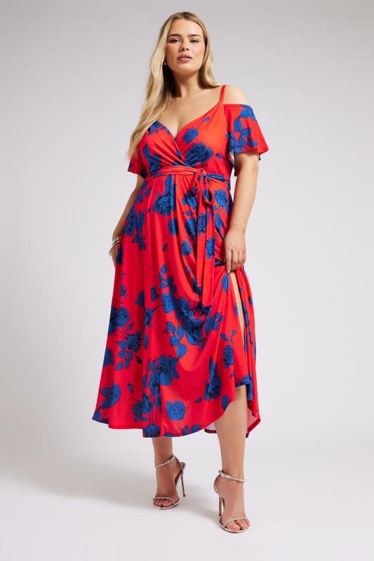 YOURS LONDON Plus Size Red & Blue Floral Bardot Maxi Dress | Yours Clothing 1