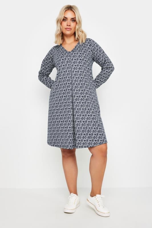 YOURS Plus Size Navy Blue Abstract Print Pleat Front Dress | Yours Clothing  2