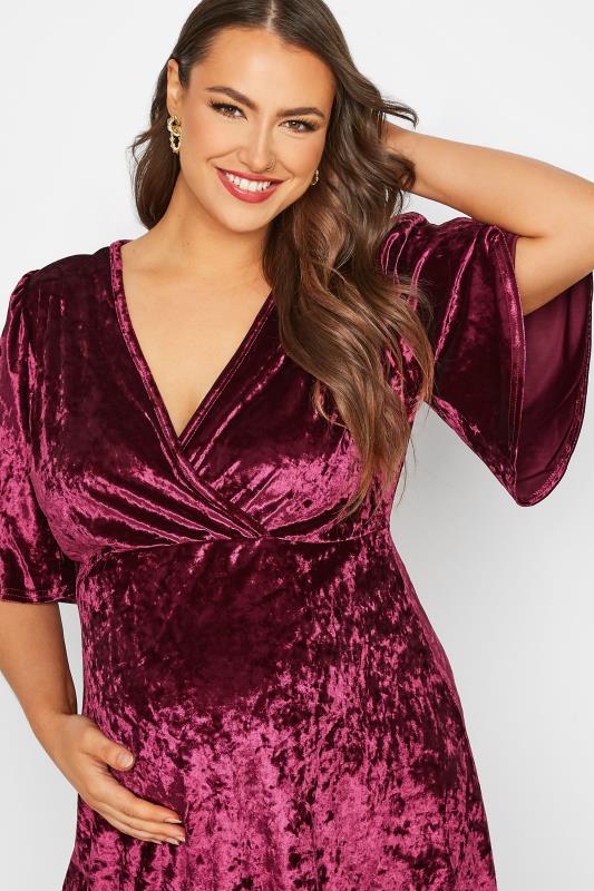 BUMP IT UP MATERNITY Plus Size Dark Pink Velvet Midi Wrap Dress | Yours Clothing 4