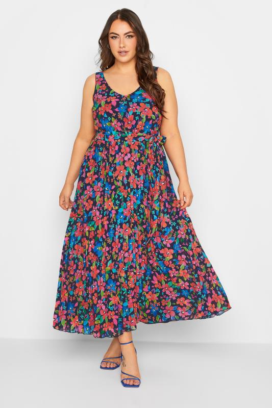 YOURS LONDON Plus Size Curve Blue Floral Pleated Maxi Dress | Yours Clothing  1