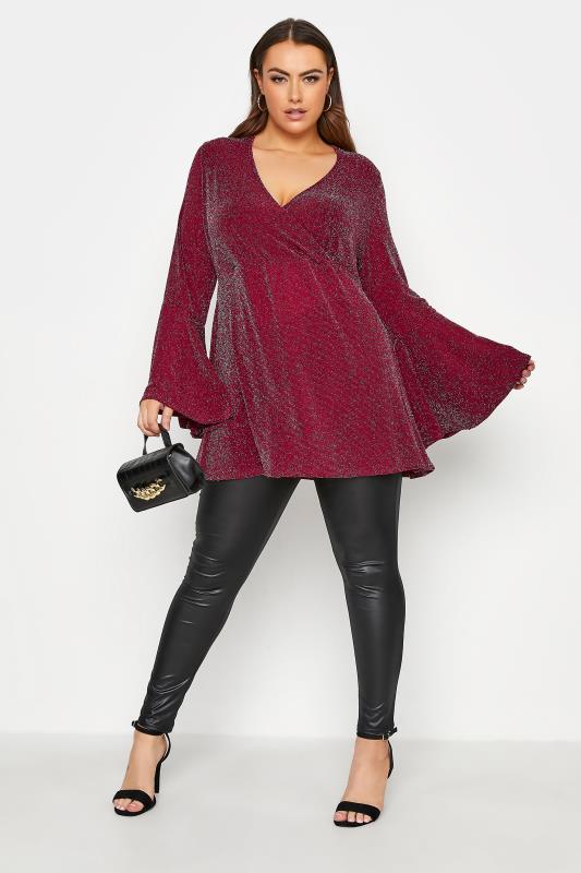 LIMITED COLLECTION Wine Red Glitter Flare Sleeve Wrap Top_B.jpg
