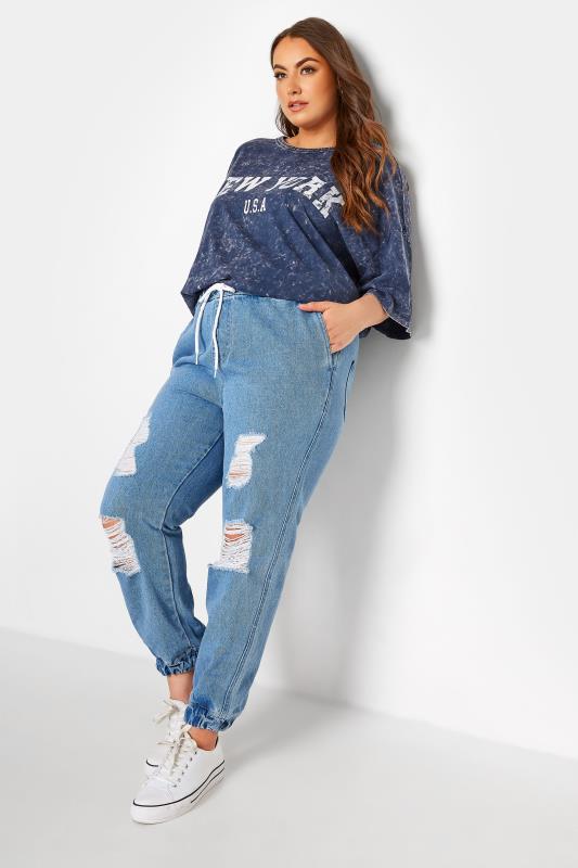 Curve Mid Blue Ripped Jogger Jeans 1